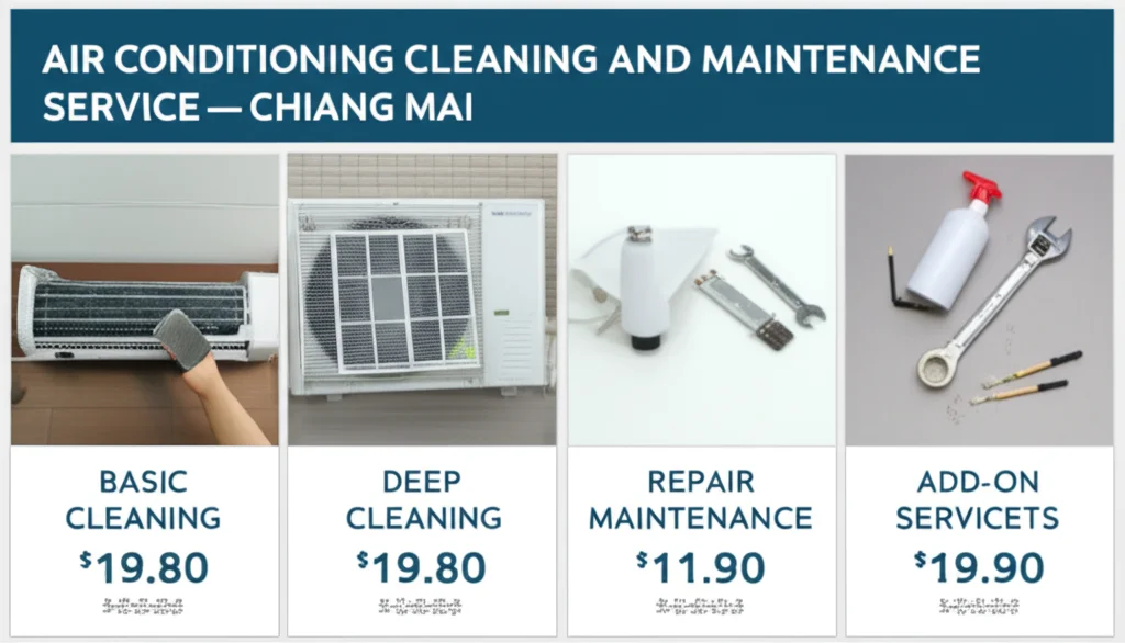 บริการล้างแอร์ในเชียงใหม่มีแบบไหนบ้าง: เปรียบเทียบล้างแอร์ทั่วไป ล้างลึก ซ่อมบำรุง และบริการเสริม พร้อมราคาโดยประมาณ
